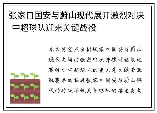 张家口国安与蔚山现代展开激烈对决 中超球队迎来关键战役